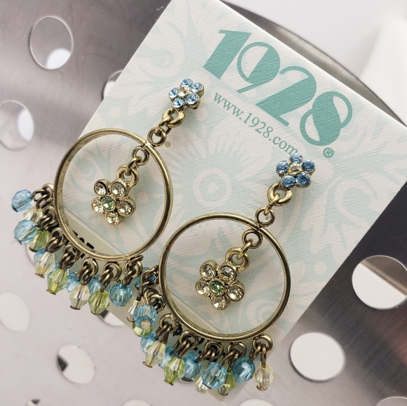 New (Old Stock) 1928 Rhinestone Hoop Floral Dangly Earrings - Picture 2 of 5